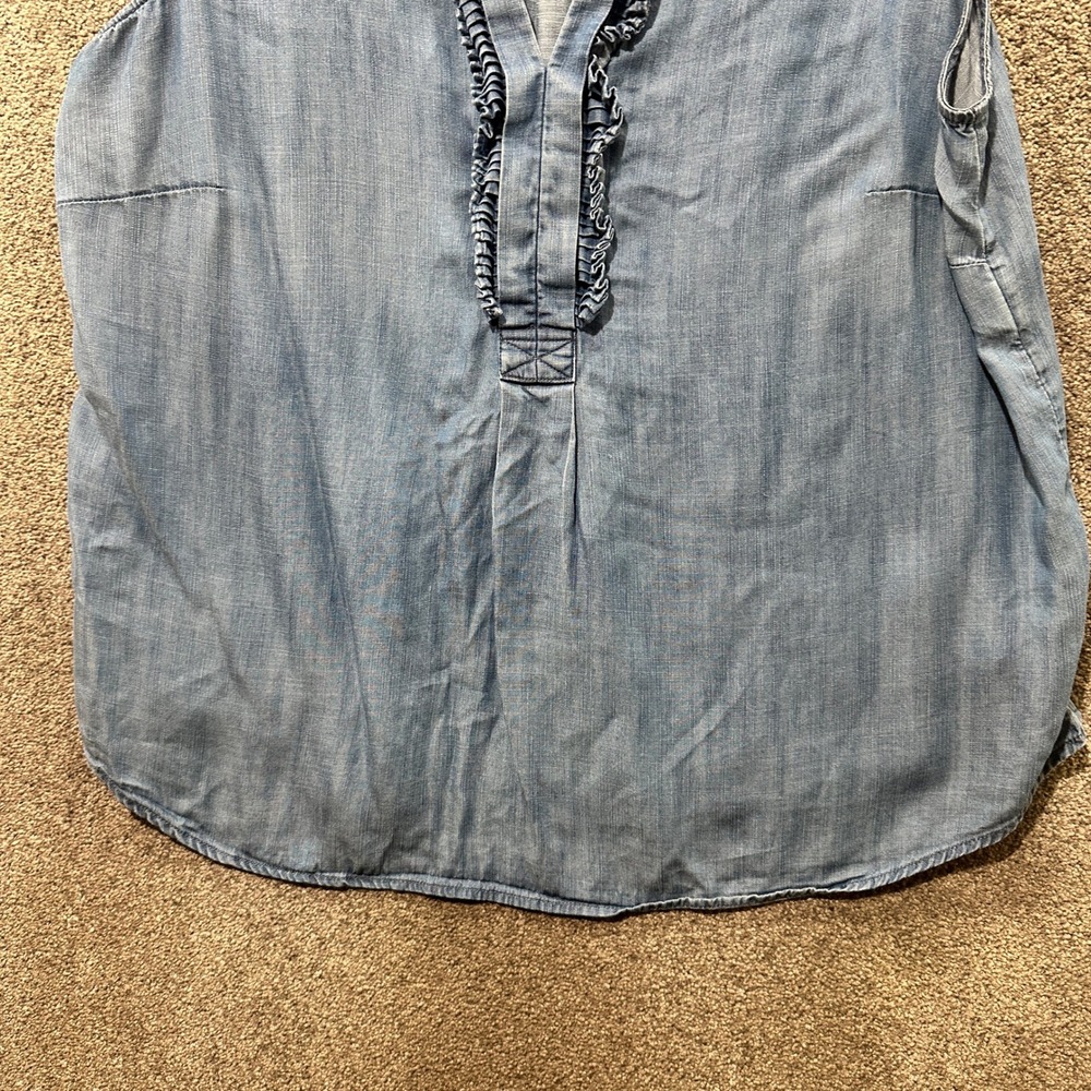 Talbots Blouse Top Sleeveless‎ Denim Chambray Lyocell Ruffle Neck Tank Casual - Picture 7 of 10